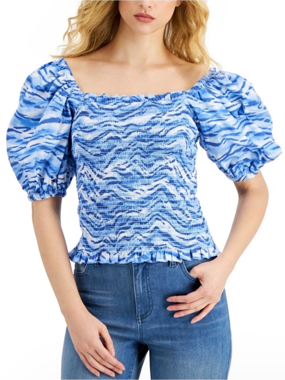 INC International Concepts Tiger Stripe Printed Smocked Top Blue NWT Sz L